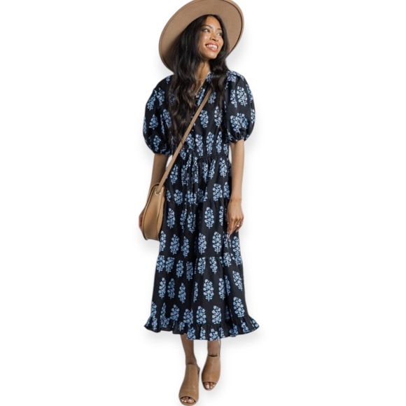 Pinch 100% Cotton Elegant Black Maxi Dress With Blue Stem and Puffy Sleeves - Picture 16 of 16